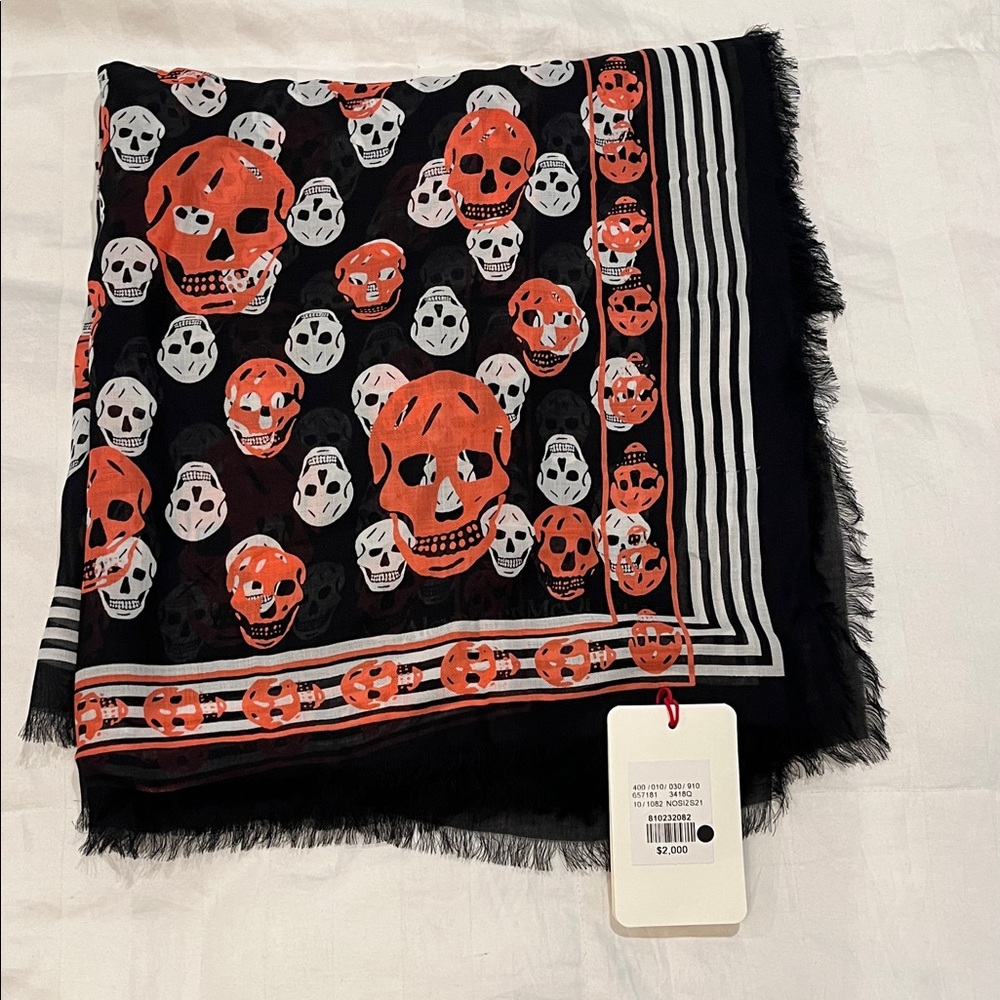 Alexander McQueen Black and Orange Skull Scarf